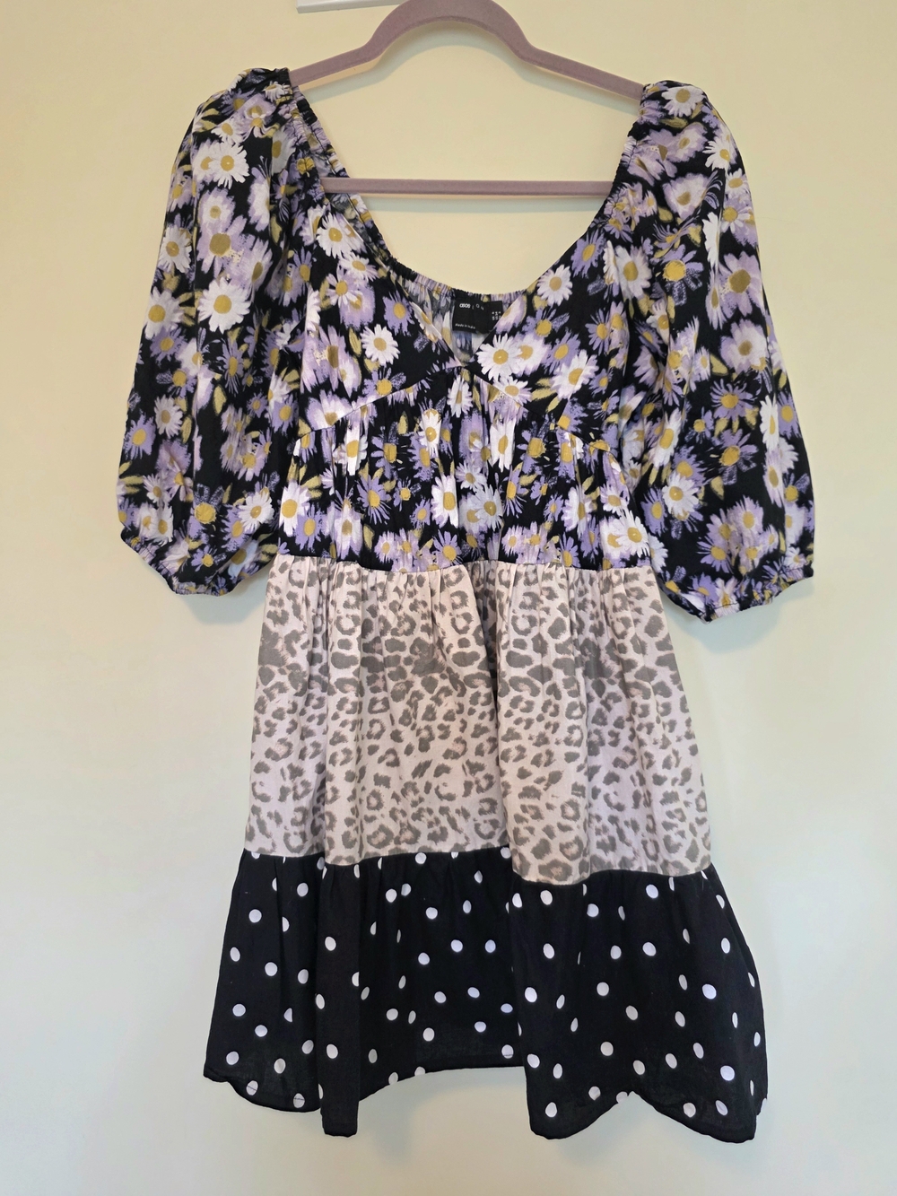 Asos Floral Puff-Sleeve Tiered Mini Babydoll Dress Black Leopard Lavender Small